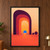 A nested rounded arch frames a blue disk above a coral-orange band, with two plum circles against a pale apricot background.; frame shown for styling only