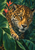 Close-up jaguar among broad tropical leaves, with coral-red flower spikes behind its head.