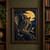 Ear-tufted owl with partly open wings perched on a branch before an amber moon, with a forest, lake, and small birds behind it.; frame shown for styling only
