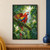 Scarlet macaw with a wide-spread wing perched on a moss-covered branch among tropical leaves and white blossoms beneath a bright canopy opening.; frame shown for styling only