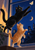 Black cat leaping and ginger tabby rising toward a pale moth beside a moonlit blue window with city silhouettes and warm indoor light.