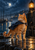 Orange tabby cat in a dark cape standing on a wet harbor wall beneath a lantern, with moonlit water and sailboats behind it.