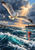 White-and-gray gull with spread wings gliding over choppy harbor water, with a lighthouse and red-orange buoy in the distance.