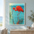 Scarlet ibis with one leg raised, wading in turquoise water beside reeds and circular ripples.; frame shown for styling only