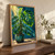 Potted monstera with glossy split leaves and a tall unfurling leaf in a turquoise pot, illuminated by warm light against a teal wall.; frame shown for styling only
