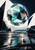 Large faceted orb reflecting sea, sky and coral light above a dark rocky beach with angular black shards and wet-shore reflections.