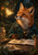 Red fox in a green field jacket studying a glowing moth beside an open notebook at a woodland table.