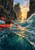 Rear-view kayaker in a red kayak on rough teal water between steep dark sea stacks, with a curling wave on the right and sunset ahead.