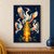 Three stylized herons with cream, coral, turquoise, and saffron details circle a glowing amber carafe against a deep navy background.; frame shown for styling only