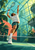 An airborne tennis player reaches up with a racket beneath a geometric glass roof, with a ball overhead, tropical foliage, and a dark net.