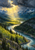 A winding river reflects golden sunlight beneath a break in storm clouds, with dark forested mountain slopes and bright green trees.