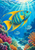 Large turquoise fish with yellow stripes and saffron fins swimming upward beneath sunbeams, followed by two smaller fish over colourful coral.