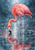 A pink flamingo bends to touch a rain-ringed pool, with a teal reflection and diagonal rain against a blue-gray background.