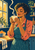 A smiling woman in a coral blouse and striped teal apron holds a steaming cup in a kitchen with a sunlit window and plants.