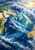 Globe-like artistic view of the Indian Ocean and surrounding continents wrapped in sweeping indigo and turquoise storm clouds, with warm light at upper right.