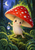 Smiling white-spotted scarlet mushroom holding a glowing dew drop among ferns beneath a crescent moon.