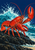 Scarlet lobster with raised claws on dark tidal rocks as a blue-green wave breaks behind it.