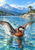 Red-crowned, russet-necked grebe splashes with wings spread on a bright alpine lake, with pines and blue mountain ridges behind.