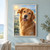 Golden retriever turning toward the viewer against softly blurred coastal grasses, sea and sky.; frame shown for styling only