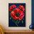 Three red, coral, and magenta poppies with dark seed heads, curling green stems, leaves, and two unopened buds against deep blue.; frame shown for styling only