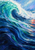 Large curling turquoise wave with a pale foamy crest above layered dark blue water and coral-orange highlights.