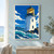 White lighthouse with books and a glowing open book in its lantern room above turquoise waves and dark rocks.; frame shown for styling only