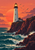 White lighthouse with a glowing lantern on red-brown cliffs above teal waves, framed by seabirds and a coral sunset.