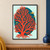 Persimmon-red branching sea fan against a deep teal oval and pale mint background, with three small golden fish beside the branches.; frame shown for styling only