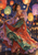Adult dancer in a patterned flowing costume raises a glowing lantern amid hanging lights and reflective market streets at night.