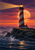 Red-and-white striped lighthouse on a rocky headland beside a large orange moon, with its beam sweeping across the night sky.