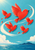 Five red heart-shaped birds flying in a rising formation above a turquoise sea and distant island, with a curling ivory trail and pale clouds.