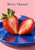 Lengthwise-split strawberry with leafy cap on a cobalt-blue plate against a soft pink background.