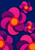 Overlapping geometric flowers with magenta and plum petals, orange centers, and red rings on a midnight navy background.