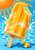 Large bitten mango-and-cream ice pop on a stick with mango cubes, blue splashes, and orange sun rays.
