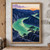 A jade-green river winds between dark pine-covered ridges toward a low orange sun in a linocut-inspired mountain landscape.; frame shown for styling only
