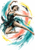 Contemporary dancer in a dark teal costume leaping amid looping teal, coral, black, and citron brush arcs.