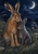 A large tawny hare leans toward a smaller charcoal-gray hare in a moonlit meadow beneath a crescent moon.