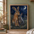 A large tawny hare leans toward a smaller charcoal-gray hare in a moonlit meadow beneath a crescent moon.; frame shown for styling only