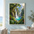 A broad rooted tree leans over a tropical ravine as a waterfall descends into a turquoise pool amid dense foliage and misty ridges.; frame shown for styling only