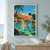 Backpacked traveler touching turquoise spring water beneath a rising sun, with a palm and sandstone cliffs nearby.; frame shown for styling only