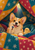 Cream-and-tan corgi holding a blue berry inside a colorful patchwork quilt tent, with a yellow chick peeking beside it.