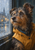 Shaggy charcoal-and-copper terrier in an ochre raincoat looking toward a rain-streaked window, with a blue collar.