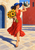 Smiling woman in a red dress and cobalt hat walking through a sunlit plaza with a bouquet of sunflowers.
