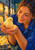 A young woman in a cobalt-blue shirt gently cups a fluffy yellow chick in front of glowing incubator windows.