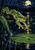 A large green frog leaps above a lily pad on a moonlit pond while two smaller frogs sit on distant leaves.