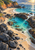 Turquoise pool enclosed by dark rocks on a sandy coastal cove, with open blue sea, distant cliffs, and warm sunlight.