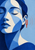 Geometric face with closed eyes in blue and ivory, an orange tuning-fork-like accent near the ear, and faint arcs extending to the right.