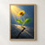 A yellow sunflower with broad green leaves grows from a crack in gray stone beneath a diagonal golden beam of light.; frame shown for styling only