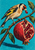 Finch-like bird holding a red seed at its beak above an opened pomegranate on a diagonal branch against turquoise.