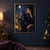 A dark-haired woman in a sculptural midnight-blue outfit faces a small falcon-like bird perched on her gloved arm beneath moonlit branches.; frame shown for styling only